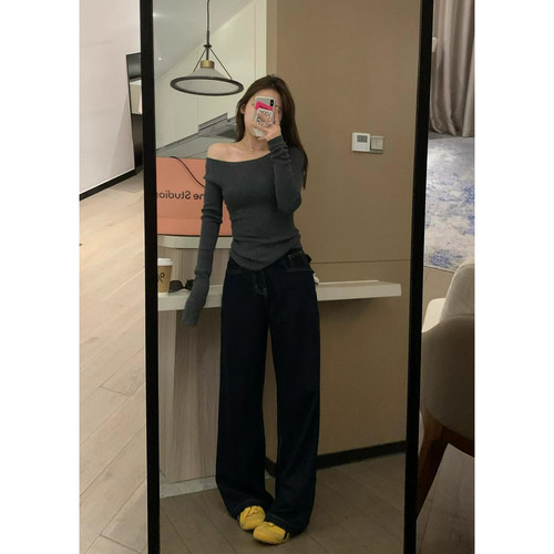 蚕丝羊毛显瘦一字肩斜肩针织衫