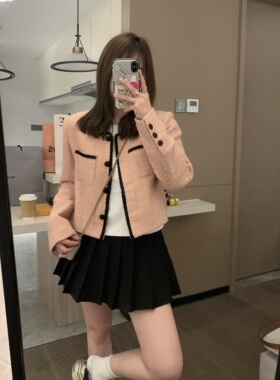VASSE 早秋少女香香 粉色短款编织肌理感显瘦韩系休闲小香风外套