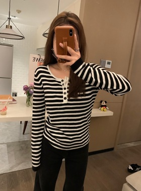 VASSE经典黑白条纹 实穿圆领套头纽扣显瘦长袖针织衫羊毛打底上衣