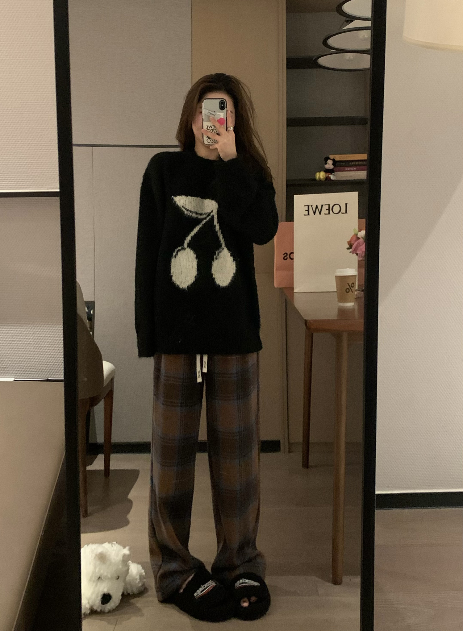 高腰百搭慵懒Veee显瘦棕色格纹裤