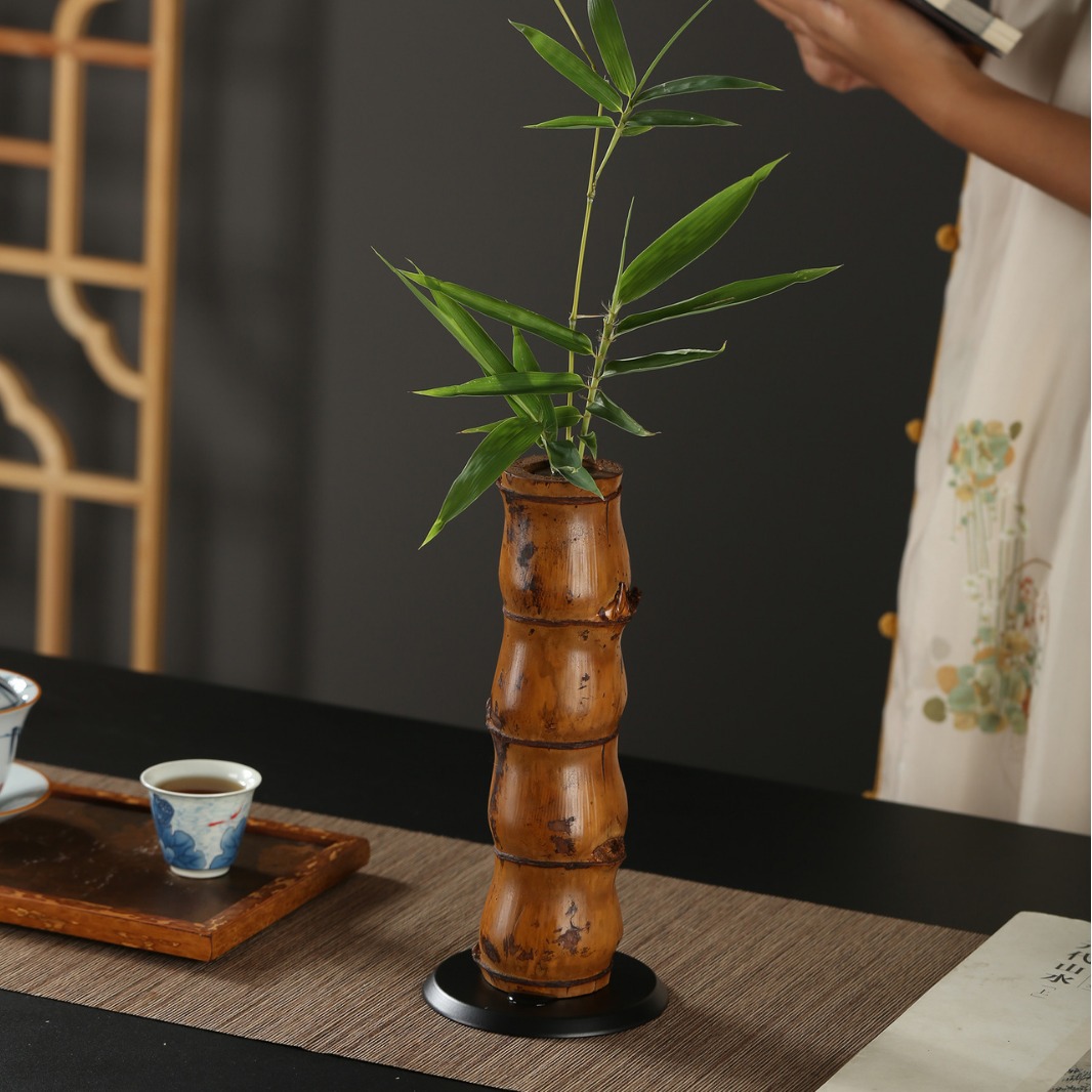 中式大漆佛肚竹花器插花器皿铁艺水培竹筒花瓶花盆禅意摆件