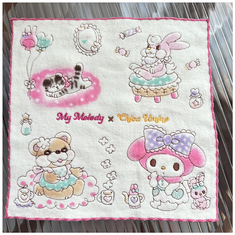 新品出口日本外贸余单柔软全棉全棉割绒可爱刺绣方巾手帕25*25cm