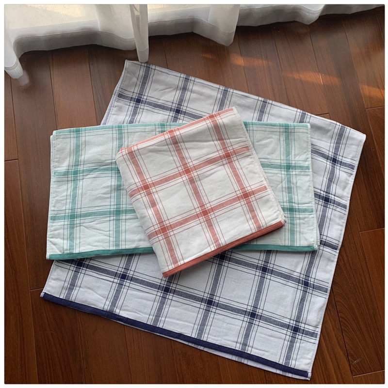 出口日本外贸余单纯纯棉纱布柔软透气情侣款方格无荧光剂洗澡浴巾