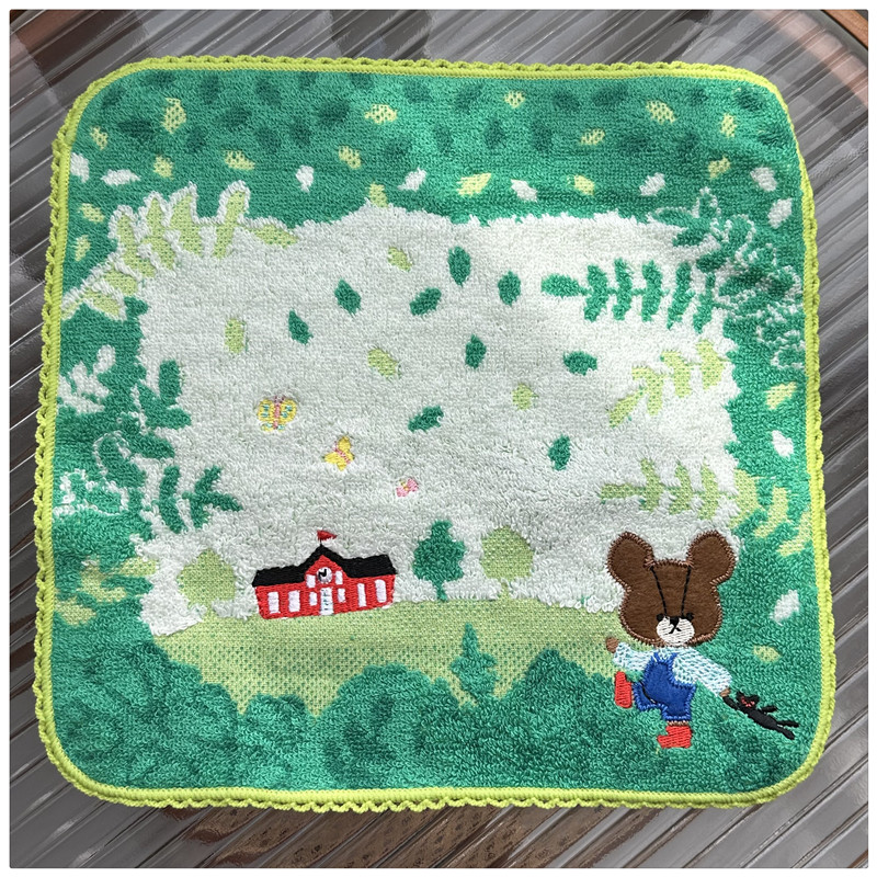 新品出口日本单外贸余单纯棉双面毛圈可爱花边刺绣方巾手帕小毛巾