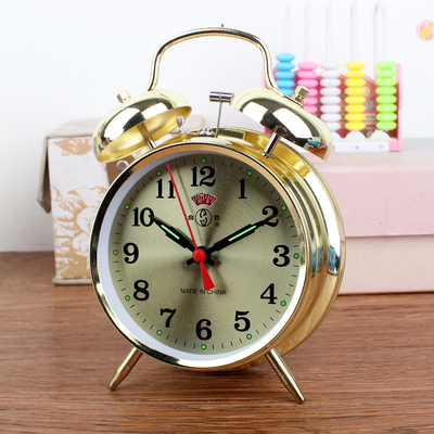 金属发条手动机械双铃金色学生老人钟风水钟滴答老式马蹄装饰闹钟