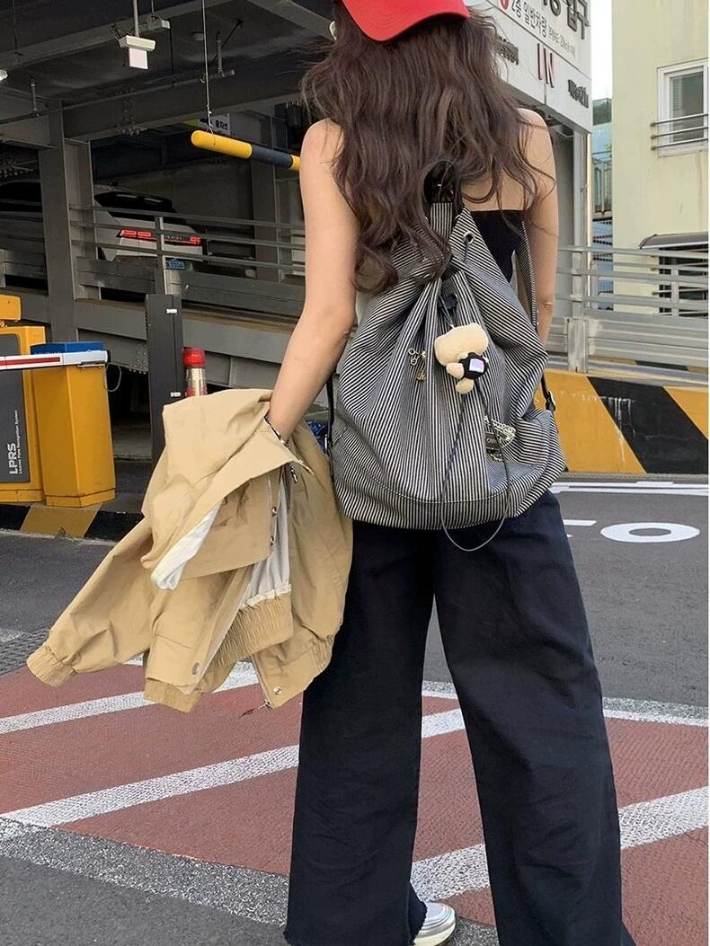 韩系帆布条纹通勤双肩包男女抽绳大容量旅行背包简约休闲轻便书包