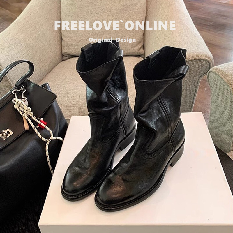 牛皮！香港英伦风圆头V口粗跟西部牛仔靴女25秋冬复古百搭中筒靴