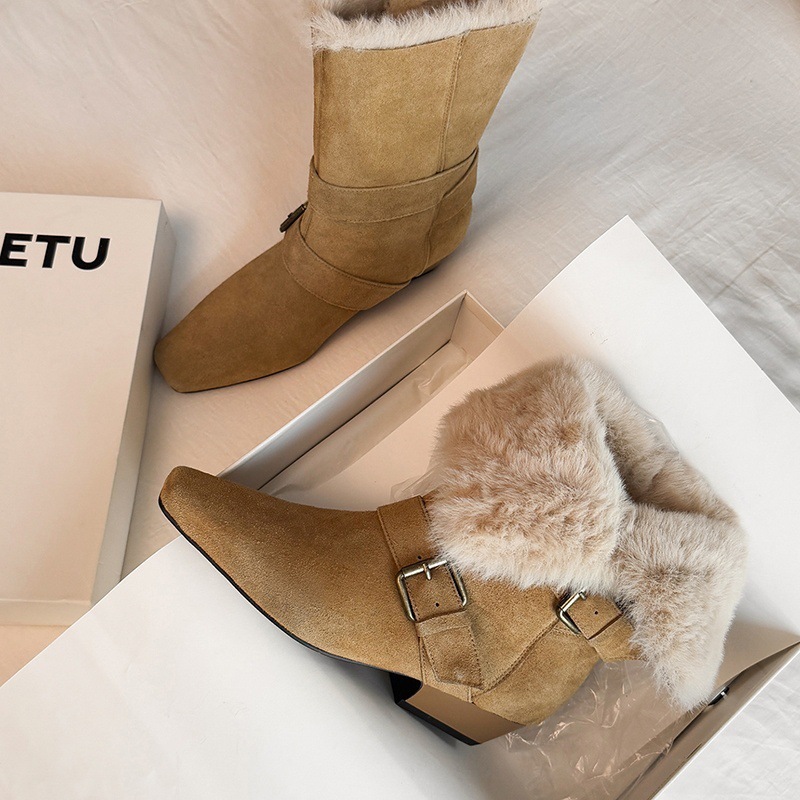 法式皮带扣加厚保暖毛毛牛反绒面雪地靴2025粗中跟方头真皮短靴女