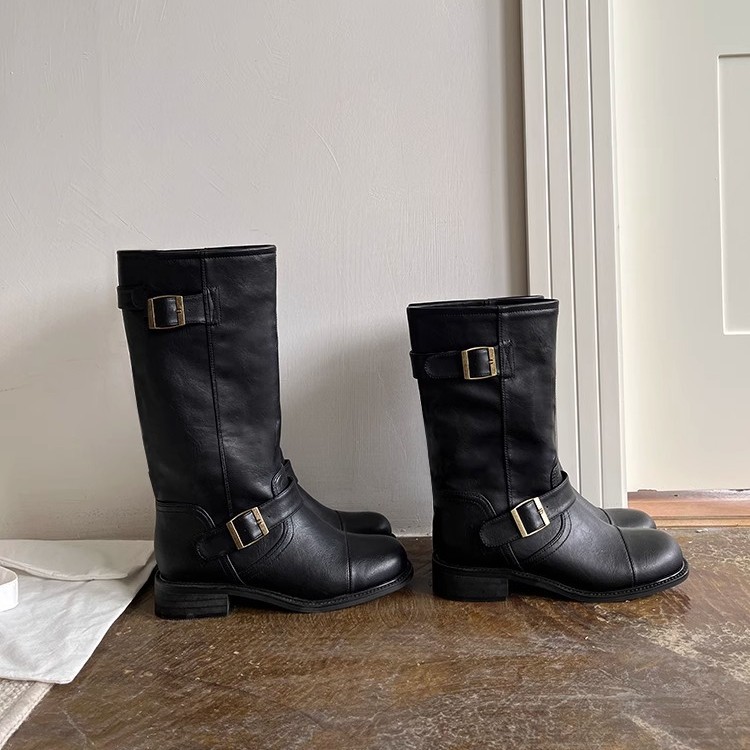 牛皮版fever同款howus小众皮带扣真皮宽中筒显瘦长筒骑士机车短靴
