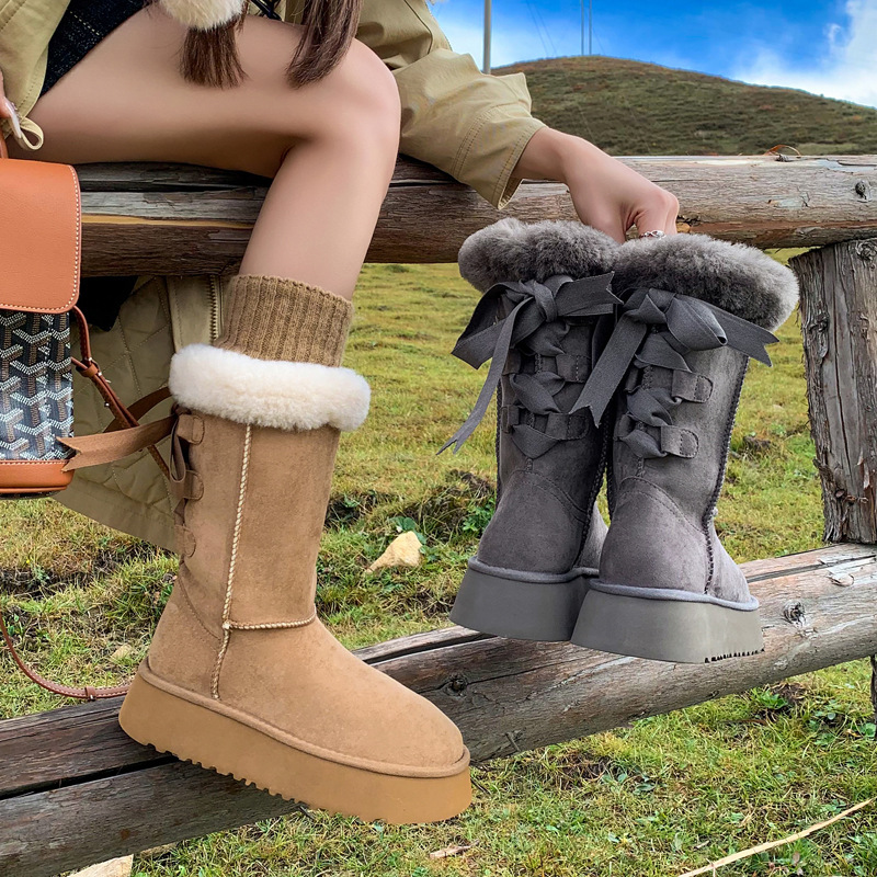 超美蝴蝶结绑带雪地靴2025松糕中跟厚底绒面保暖毛毛中筒靴子女42
