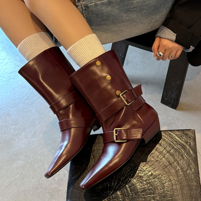法式氛围感皮带扣牛皮纽扣切尔西靴2025秋冬粗中跟宽筒真皮短靴女