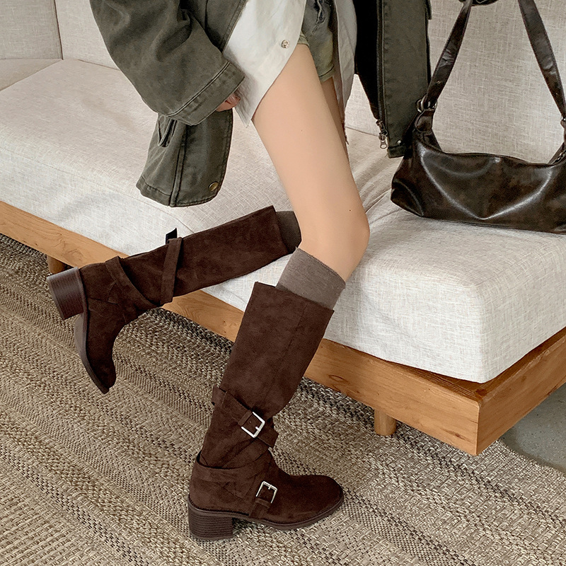 慵懒风皮带扣绒面高筒西部堆堆靴2025冬粗中跟圆头宽松套筒长靴女