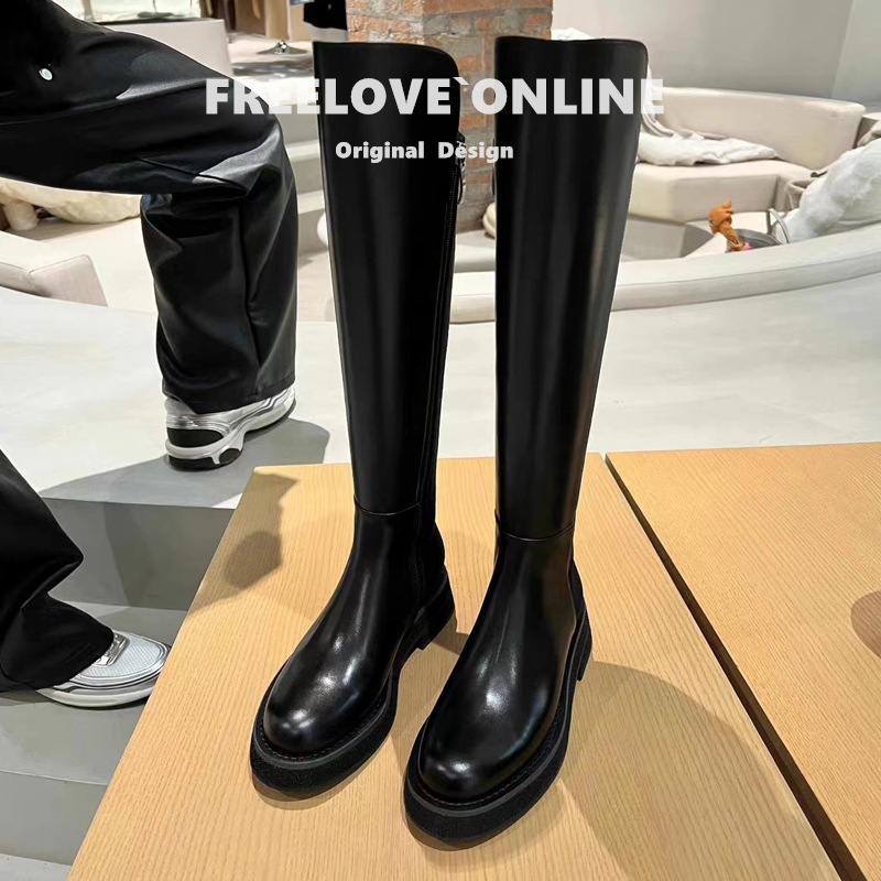 牛皮现货~香港2025秋冬新款厚底小个子增高长筒靴复古弹力骑士靴