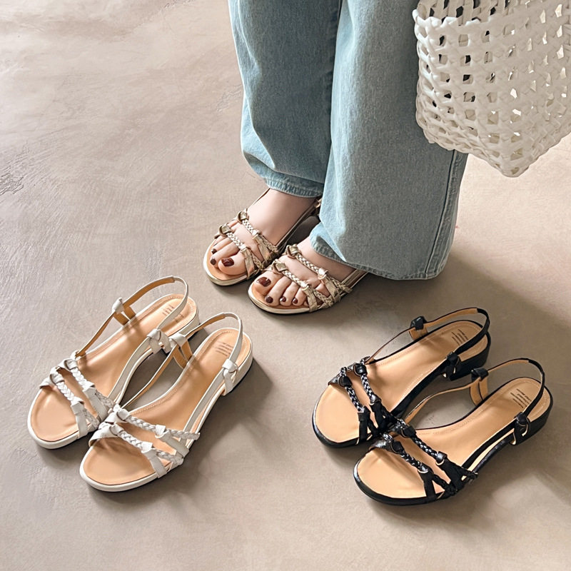 韩版chic羊皮麻花编织2025夏季粗低跟真皮简约圆头露趾罗马凉鞋女