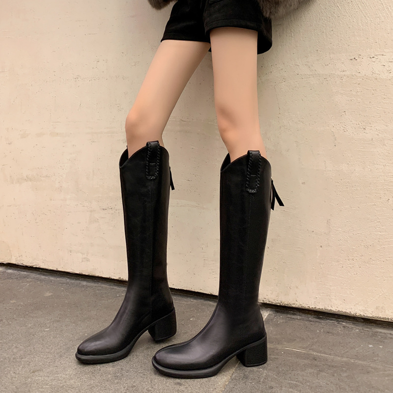 大长腿全牛皮V口骑士靴2025冬粗中跟简约圆头真皮直筒高筒长靴女