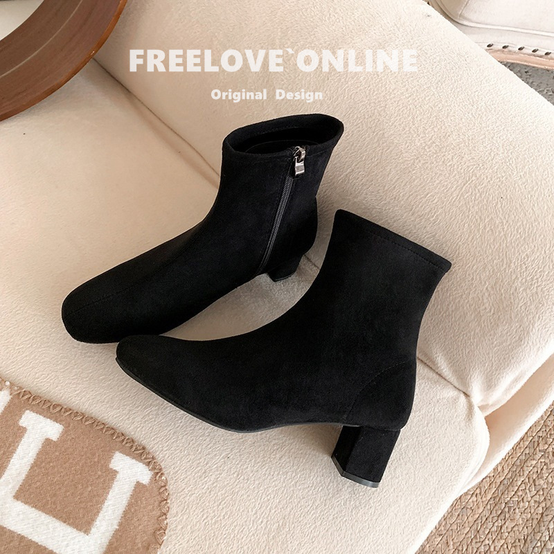 牛皮现货~香港秋冬新款SW瘦瘦靴圆头增高粗高跟通勤短靴弹力袜靴