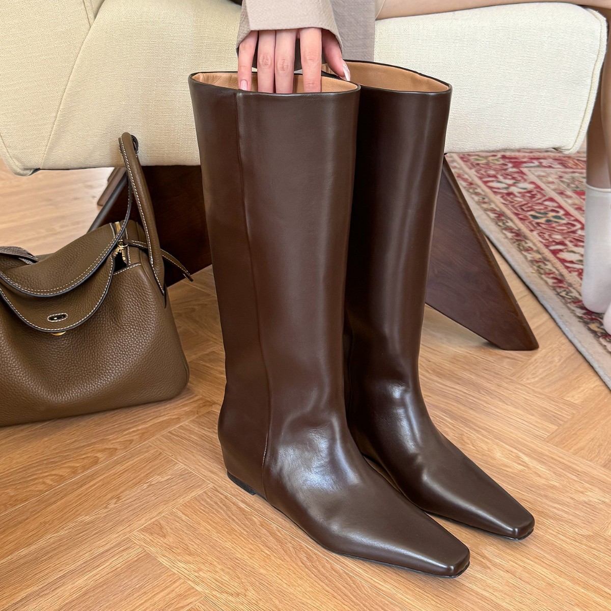 牛皮版~美拉德宽筒方头骑士靴内增高显瘦长筒靴棕色不过膝靴子女
