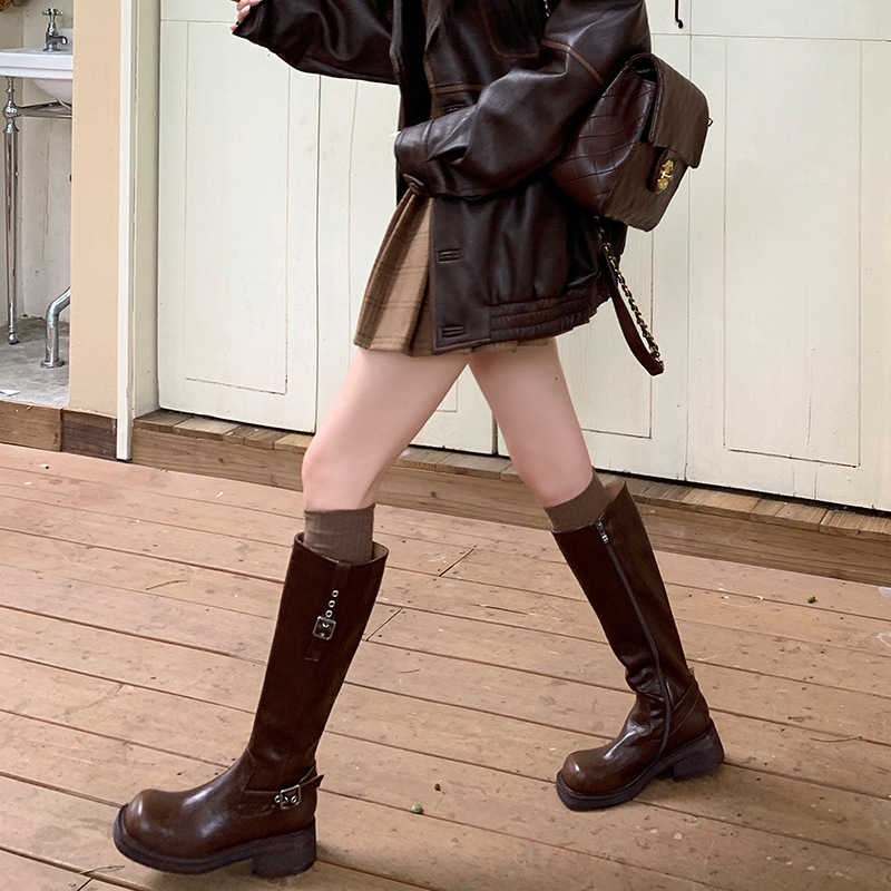 博主穿搭全牛皮皮带扣骑士靴2025厚底粗中跟真皮小筒围高筒长靴女