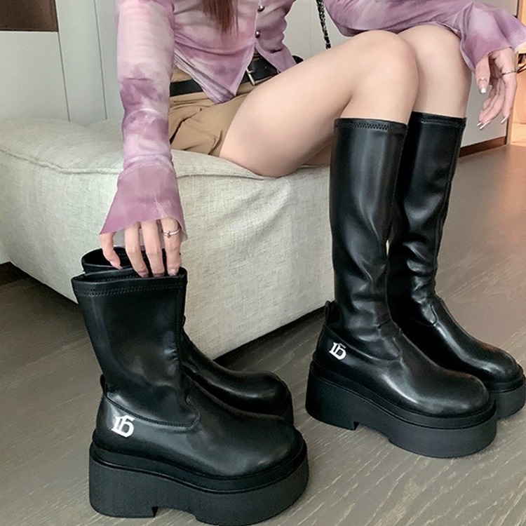 牛皮版~真皮长筒靴女厚底靴子弹力包腿瘦瘦靴增高骑士靴辣妹长靴