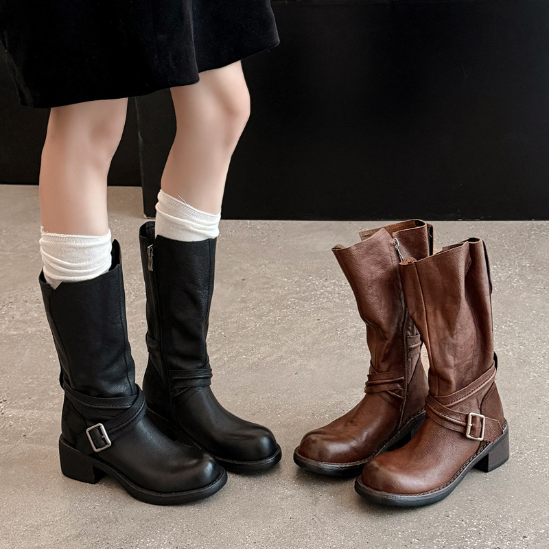 高货水洗头层牛皮复古皮带扣骑士靴2025粗中跟圆头真皮中筒靴子女