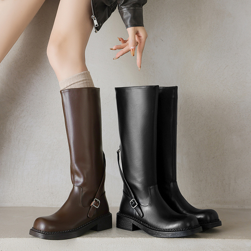 大小两种筒全牛皮大筒围骑士靴2025粗中跟圆头真皮加宽高筒长靴女