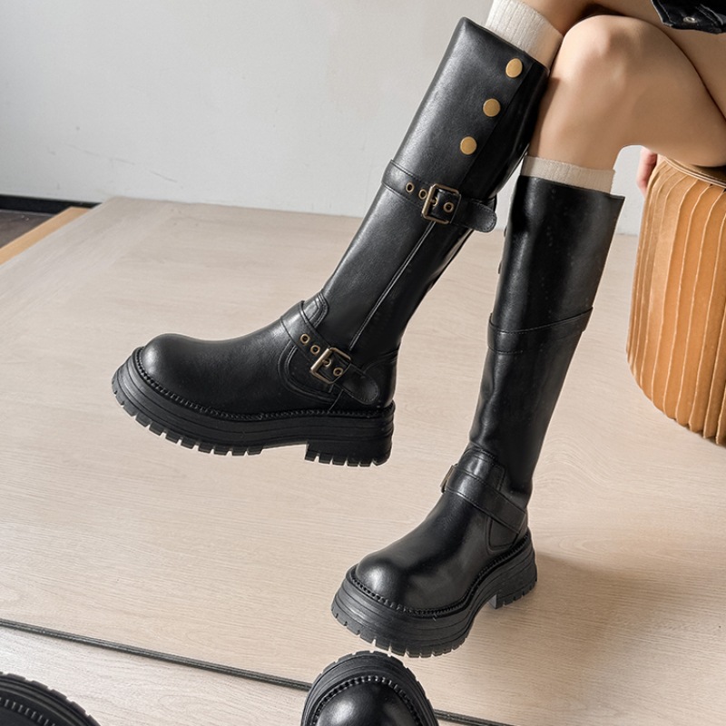 黑色复古英伦风粗跟厚底长筒靴女2025秋冬季新款骑士靴高筒显瘦