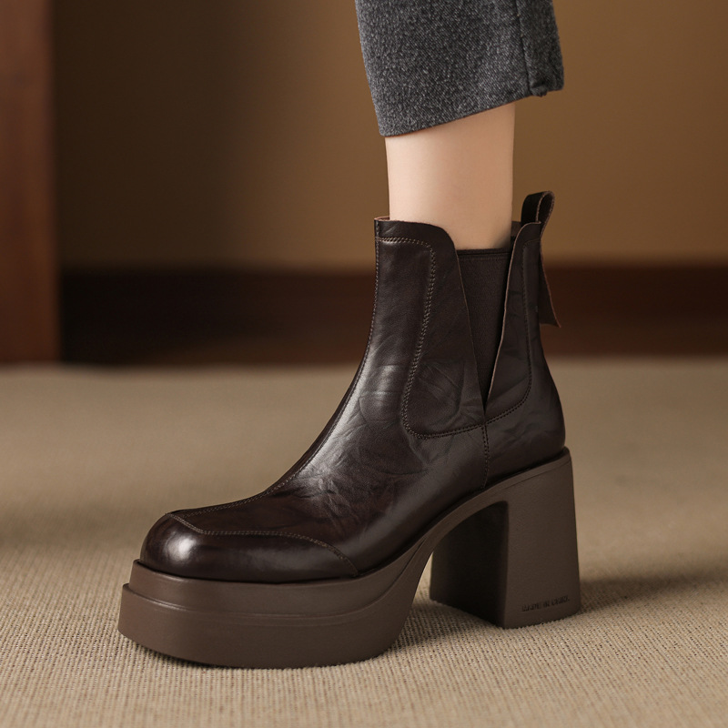 小个子不累脚增高厚底牛皮切尔西2025冬粗高跟圆头真皮套筒短靴女