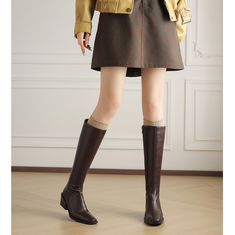 全牛皮小筒围骑士靴2025冬简约百搭粗中跟方头真皮包腿高筒长靴女