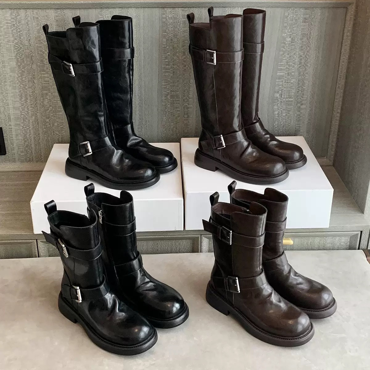 牛皮版~葡萄ma同款增高4cm两种筒高双扣带靴子厚底骑士靴女长靴