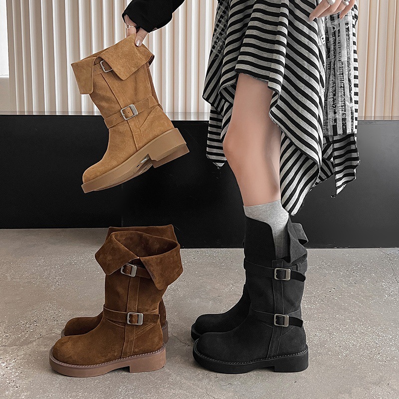两穿可翻折牛反绒面西部堆堆靴2025冬厚底粗中跟皮带扣中筒靴子女