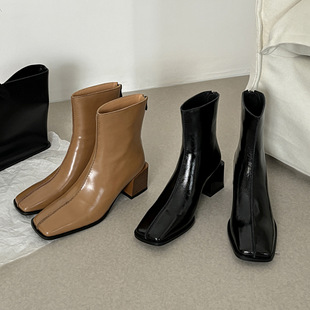 简约利落韩风方头牛皮切尔西靴2025秋冬粗高跟百搭真皮通勤短靴女