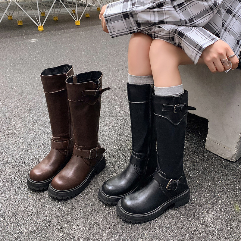 韩系甜酷辣妹~增高厚底皮带扣骑士靴2025冬粗中跟圆头高筒长靴女