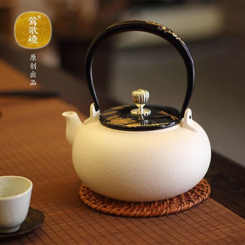 莺歌烧雪花釉柿型陶壶手工白陶泥茶壶