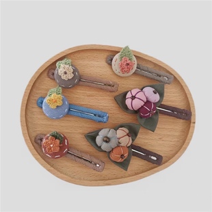 新款复古森女系甜美拼布手立体棕色南瓜蕾丝纽扣小花发夹女发