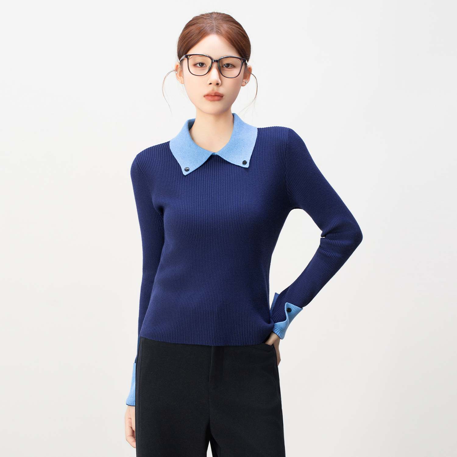 学院风撞色拼接长袖针织衫女秋冬季2025新款设计感百搭打底衫上衣