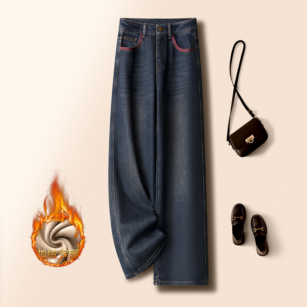 撞色拼接阔腿加绒牛仔裤女冬季2025新款窄版蓝色休闲裤高腰直筒裤