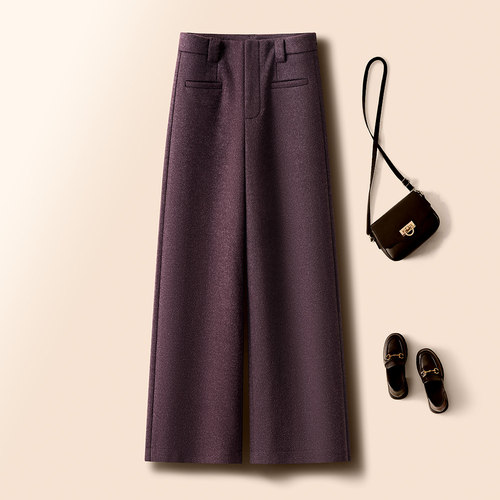 时尚通勤加厚羊毛呢休闲裤女冬季2025新款高腰直筒西裤保暖阔腿裤