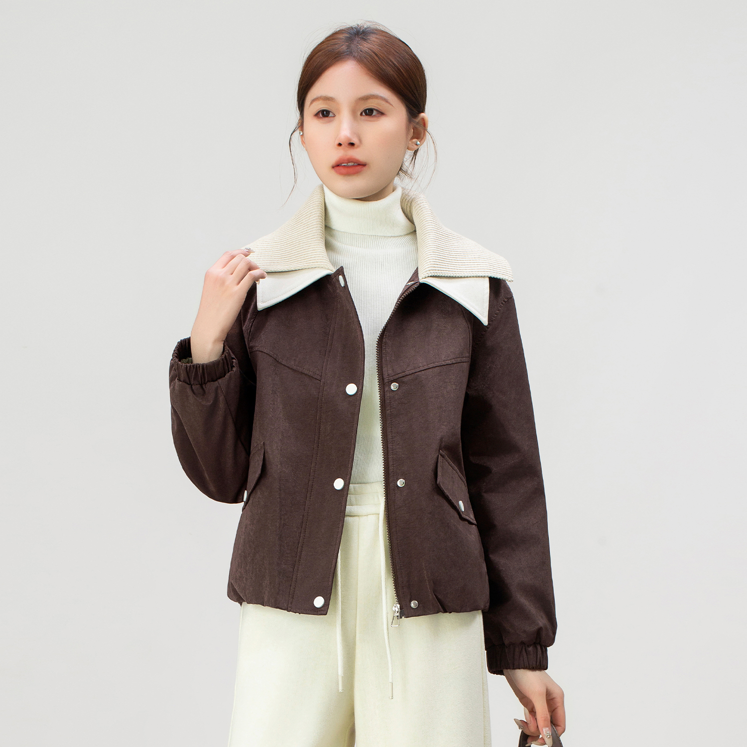 时尚双层撞色双层领短外套女冬季2025年新款加绒加厚保暖休闲夹克