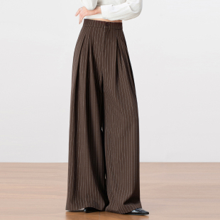 女2026春秋高个子垂感遮肉显瘦拖地休闲裤 条纹高腰宽松西装 阔腿裤