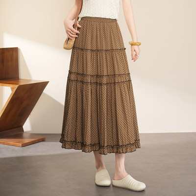 咖色明线木耳花边设计波点半身裙女夏2026新款高腰A字蛋糕裙长裙