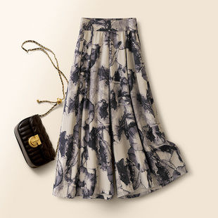 2025新款 女夏季 薄款 显瘦甩裤 水墨扎染透气仿真丝妈妈裤 阔腿裤 裙裤