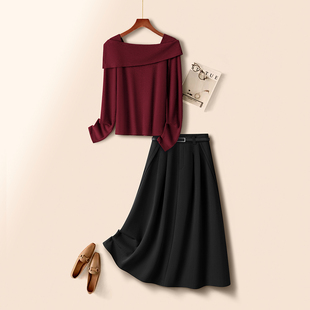 安可拉红一字肩长袖针织打底衫女春秋季2026时尚套装西装大摆伞裙