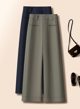 军绿色通勤OL风休闲直筒裤子女春季2026新款高腰宽松卷边阔腿西裤