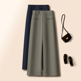 高腰宽松卷边阔腿西裤 2026新款 子女春季 军绿色通勤OL风休闲直筒裤