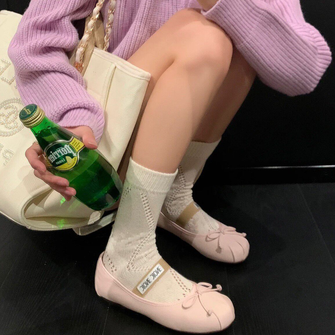 英伦*倪妮中筒袜镂空棉袜米白拼色堆堆袜字母小腿袜条纹英伦短袜