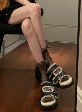 格子花边格纹玻璃丝复古短袜女
