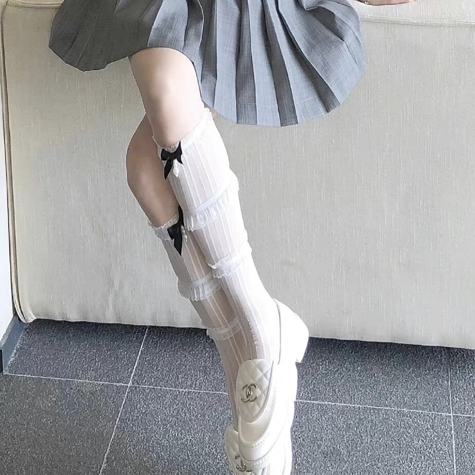 少女泡泡蕾丝蝴蝶结薄款小腿袜图片