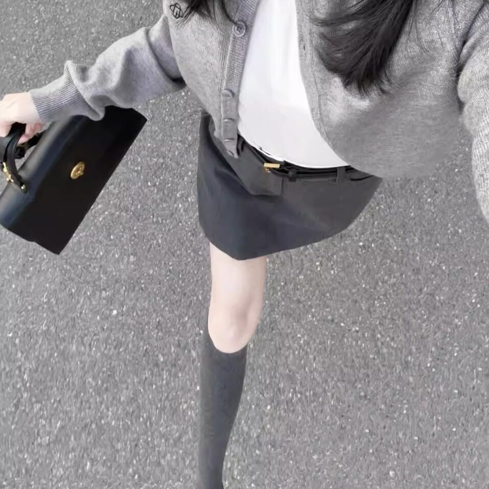 巧克力丝绒蛋糕*微压显瘦初秋灰色小腿袜女薄款米色棉长筒瘦腿袜