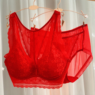 本命年红色蕾丝美背薄款文胸套装大胸显小无钢圈大码一体式内衣