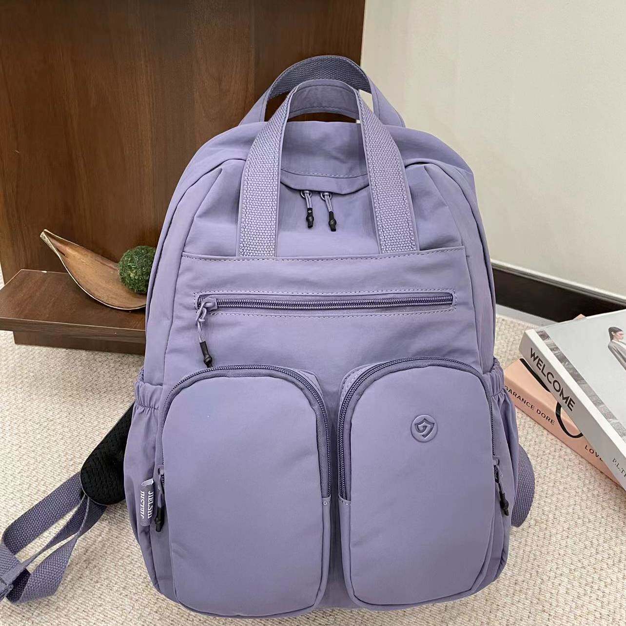 手提两用简约纯色手提双肩包百搭通勤包包大容量轻便高中学生书包